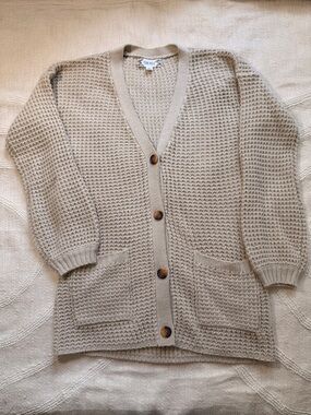 Everyday Large Pink Rose Beige Waffle-Knit Button Cardigan